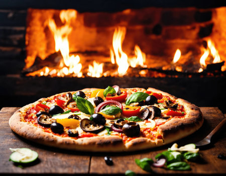 Hot homemade vegetarian pizza on table ready for eatingの素材