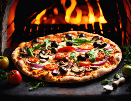 Hot homemade vegetarian pizza on table ready for eatingの素材