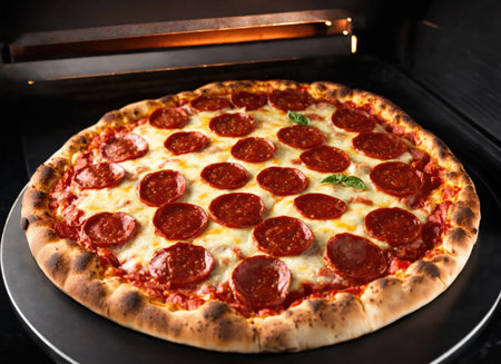 Hot homemade pepperoni pizza on table ready for eatingの素材