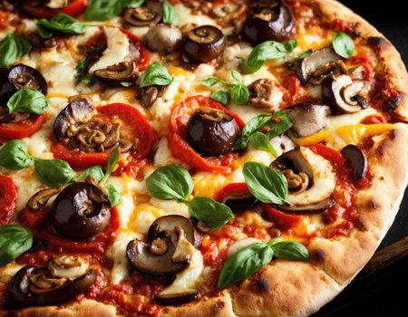 Hot homemade vegetarian pizza on table ready for eatingの素材