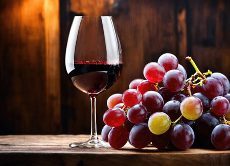 Wine glass and fresh grapes on wooden tableの素材