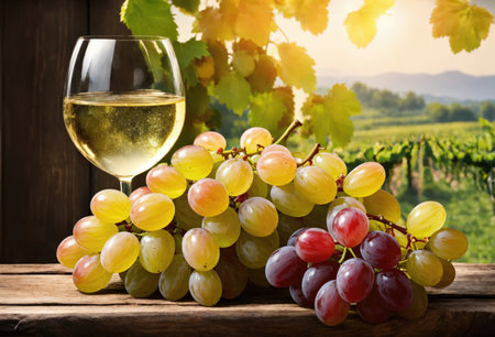 Wine glass and fresh grapes on wooden tableの素材