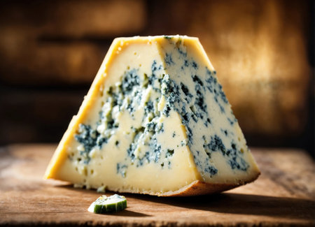 Slice of blue cheese or Roquefort on a cutting boardの素材