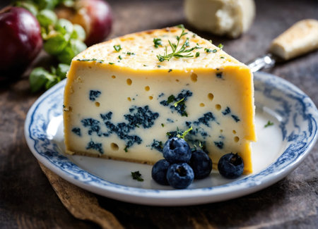 Slice of blue cheese or Roquefort on a plateの素材