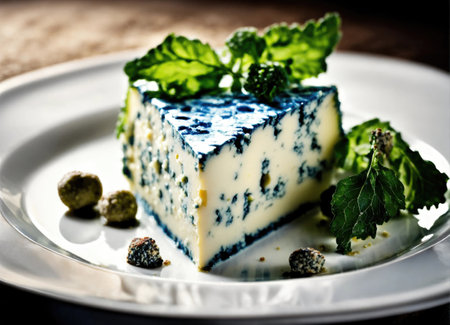 Slice of blue cheese or Roquefort on a plateの素材
