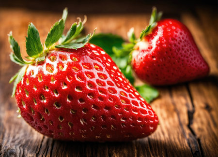 Strawberries on a wooden tableの素材