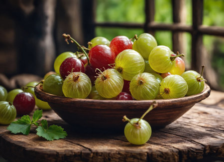 Gooseberries on a wooden tableの素材