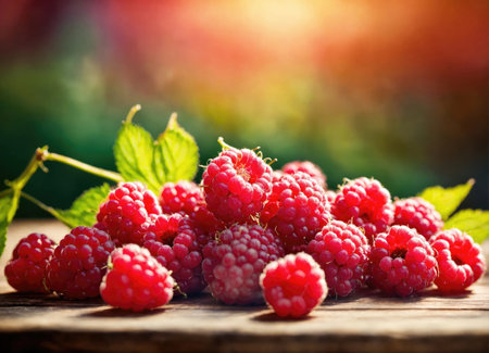 Raspberries on a wooden tableの素材