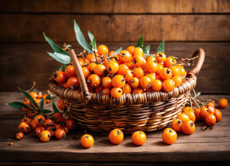 Sea buckthorn on a wooden tableの素材