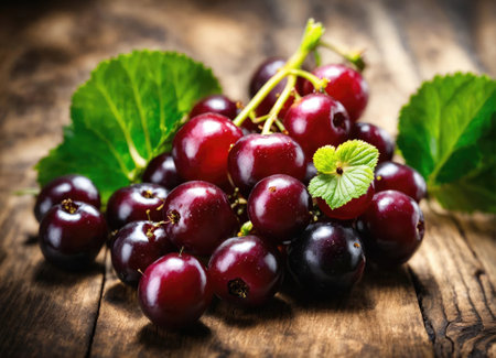 Black currant on a wooden tableの素材