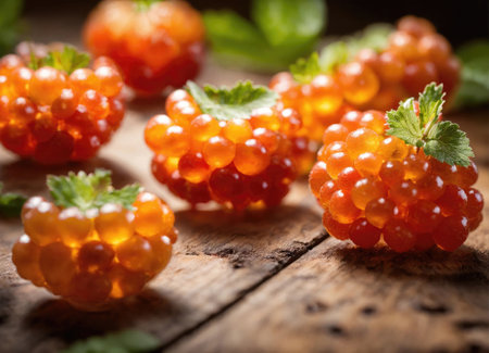 Cloudberry on a wooden tableの素材