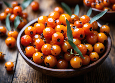 Sea buckthorn on a wooden tableの素材
