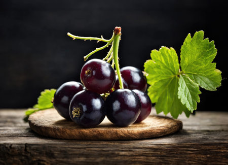 Black currant on a wooden tableの素材