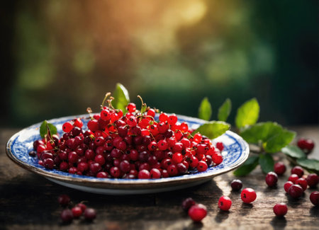 Cowberry on a wooden tableの素材