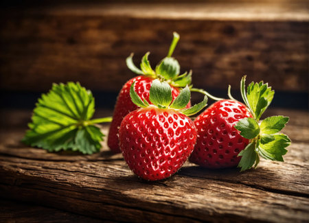 Wild strawberry on a wooden tableの素材