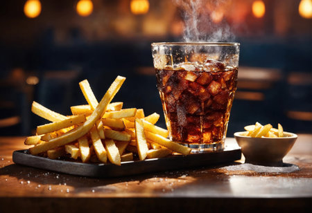 French fries and a glass of cola with ice piecesの素材