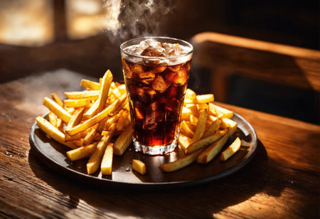 French fries and a glass of cola with ice piecesの素材