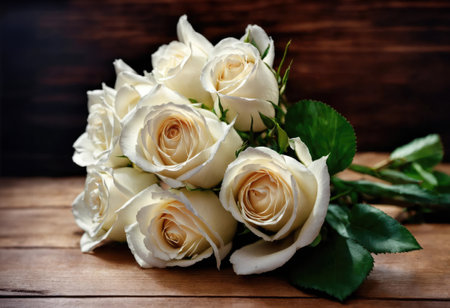 Bouquet of white roses on a wooden backgroundの素材