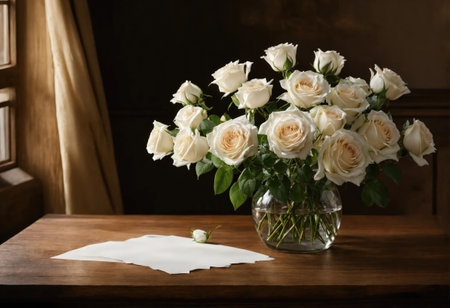 Bouquet of white roses and blank sheet of paper on wooden tableの素材