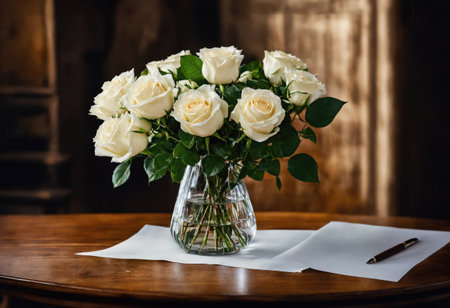 Bouquet of white roses and blank sheet of paper with pen on wooden tableの素材