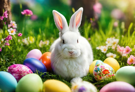 Cute easter bunny with colorful eggs on green grass background.の素材