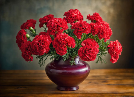 Carnations in a vase on a wooden tableの素材