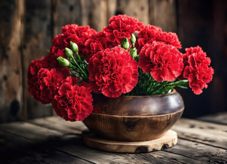 Carnations in a vase on a wooden tableの素材