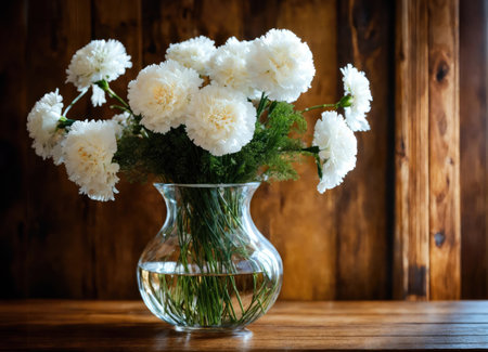 Carnations in a vase on a wooden tableの素材