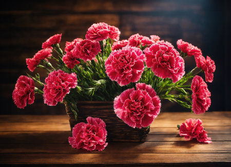 Carnations in a vase on a wooden tableの素材