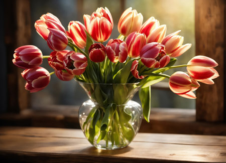 Tulips in a vase on a wooden tableの素材