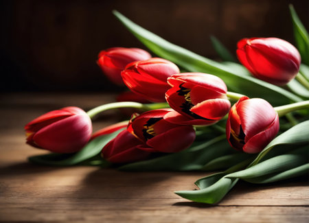 Colorful tulips lie on a wooden tableの素材