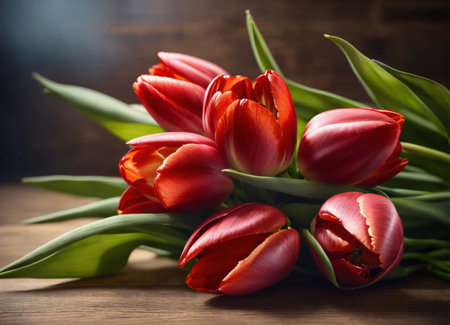 Colorful tulips lie on a wooden tableの素材