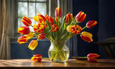 Tulips in a vase on a wooden tableの素材