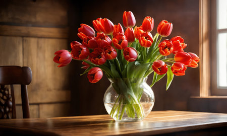 Tulips in a vase on a wooden tableの素材