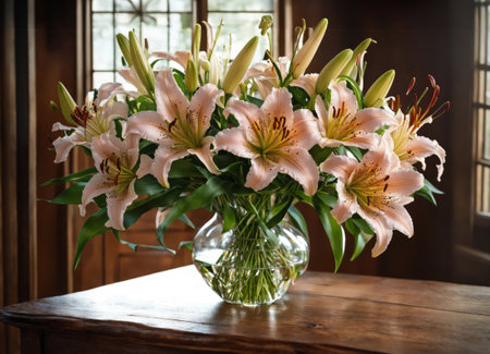 Lilies in a vase on a wooden tableの素材