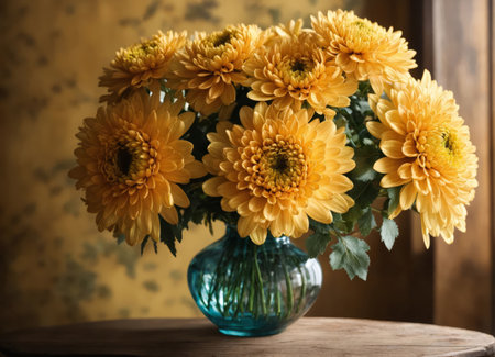 Chrysanthemums in a vase on a wooden tableの素材