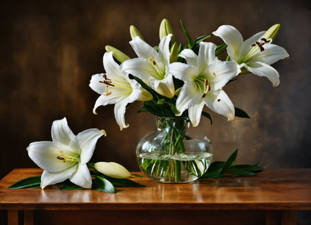 Lilies in a vase on a wooden tableの素材