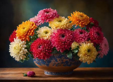 Chrysanthemums in a vase on a wooden tableの素材