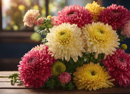 Chrysanthemums on a wooden tableの素材