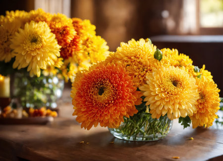 Chrysanthemums in a vase on a wooden tableの素材