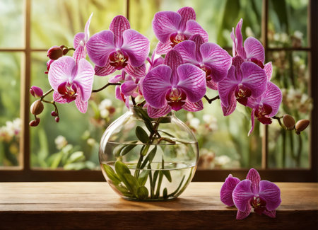 Orchids in a vase on a wooden tableの素材
