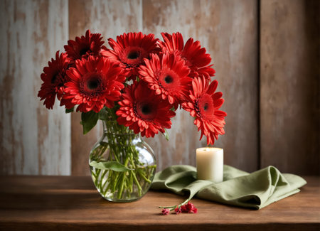 Gerberas in a vase on a wooden tableの素材