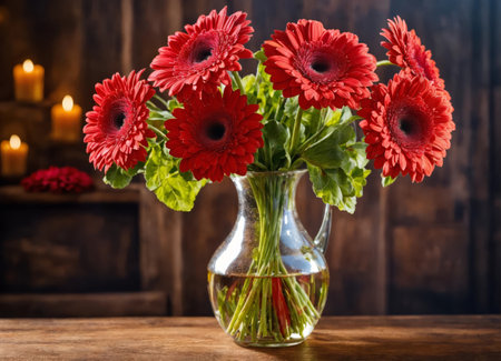 Gerberas in a vase on a wooden tableの素材