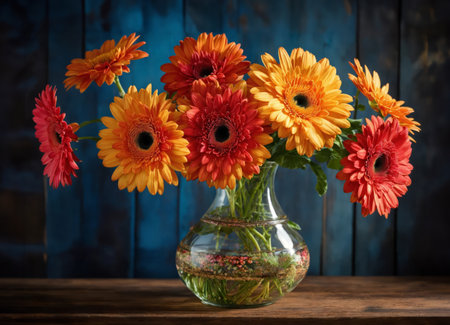 Gerberas in a vase on a wooden tableの素材