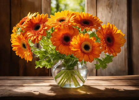 Gerberas in a vase on a wooden tableの素材