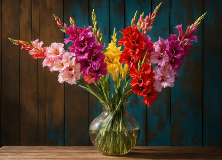 Gladioli in a vase on a wooden tableの素材