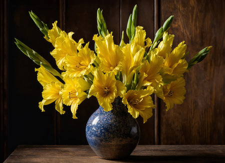 Gladioli in a vase on a wooden tableの素材