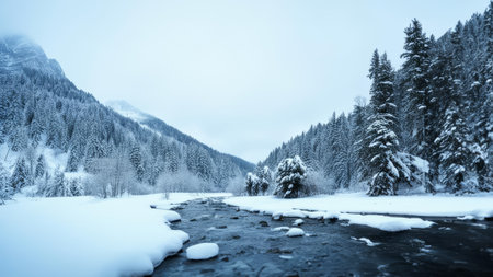 Beautiful winter landscape with a mountain river and snow-covered forestの素材
