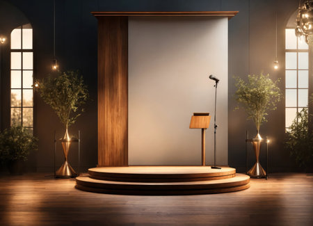 Interior with a podium for the presentation and advertising of new productsの素材