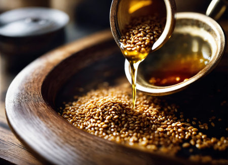 Sesame oil on wooden tableの素材